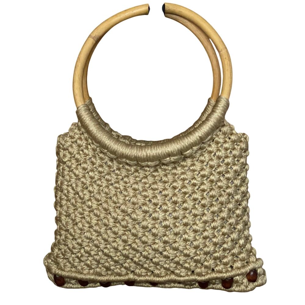 boho vacation resort handmade crochet bamboo handle purse wood bead shoulder bag